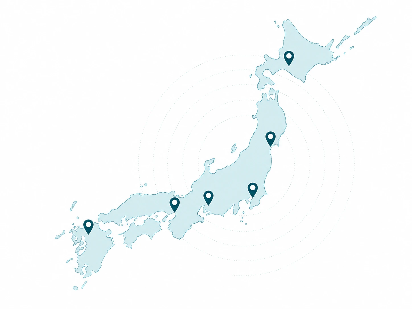 札幌、仙台、東京、名古屋、大阪、福岡の主要都市に対応する日本地図